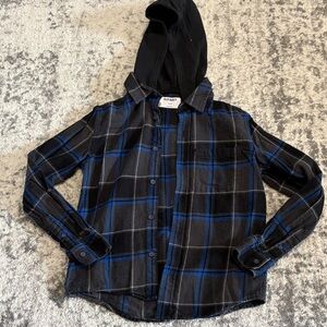 Old Navy Kids Black and Blue Plaid Hooded Shirt